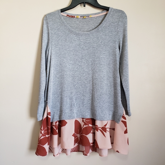 Anthropologie Layered Swing Top Little Yellow Button Gray Pink Small - Picture 2 of 8